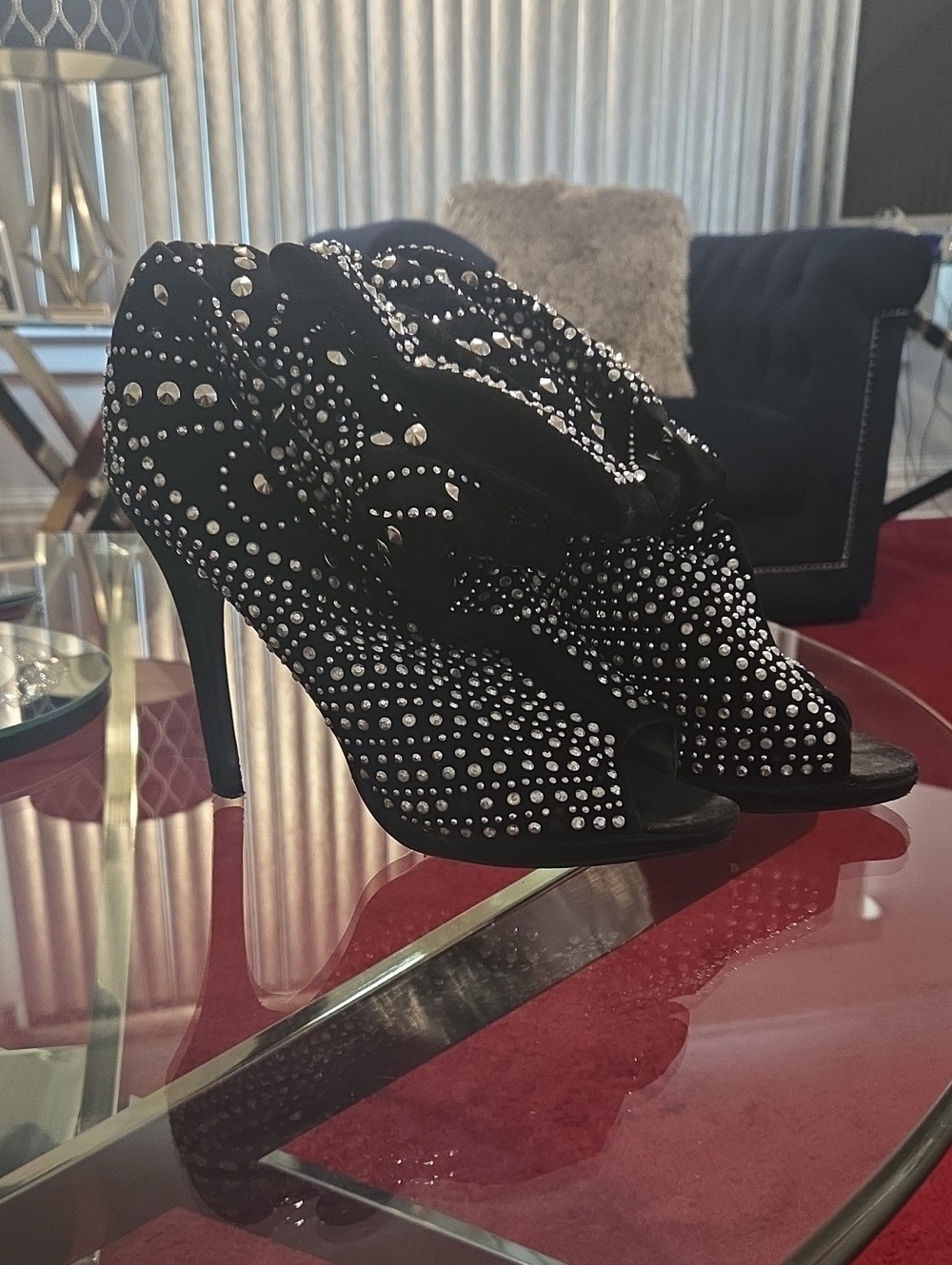 Black with Silver Studs Peep-Toe High Heel Booties